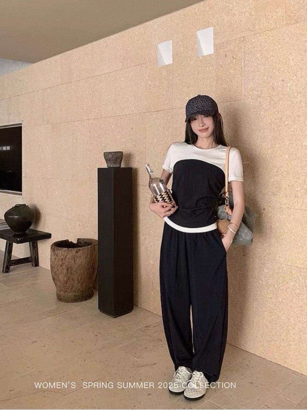 Set of Boutique Navy Top and Wide-Leg pants